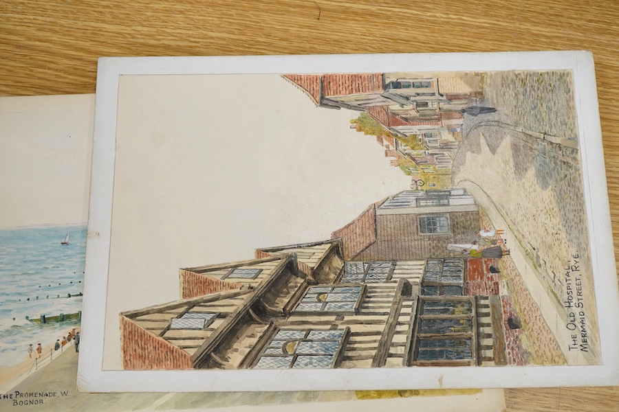 Sir Alfred Robert Quinton (1853-1934), Set of eight original watercolours for postcard designs, Sussex views to include Mermaid Street, Rye, Old Town, Hastings and Preston Park, Brighton, each monogrammed, signed or insc